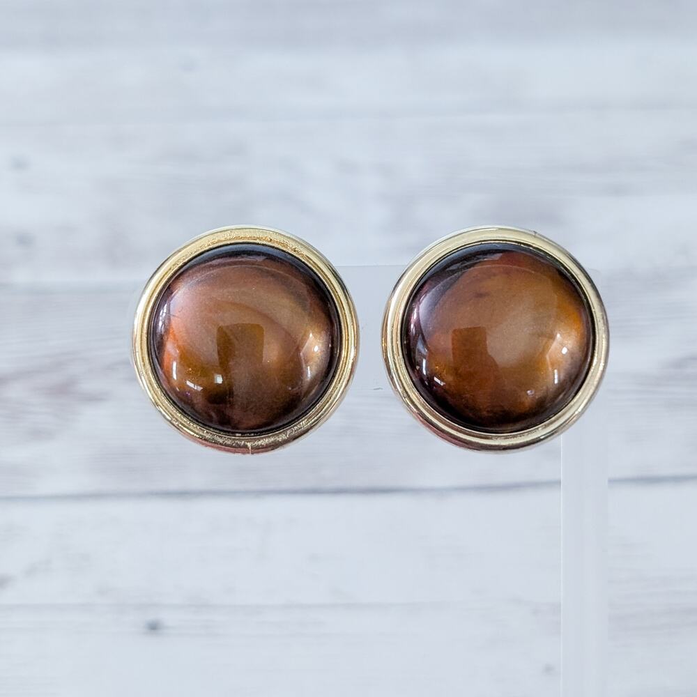 Vintage Clip On Earrings Large Shiny Brown with Gold Tone Halo 1 & 1/8"